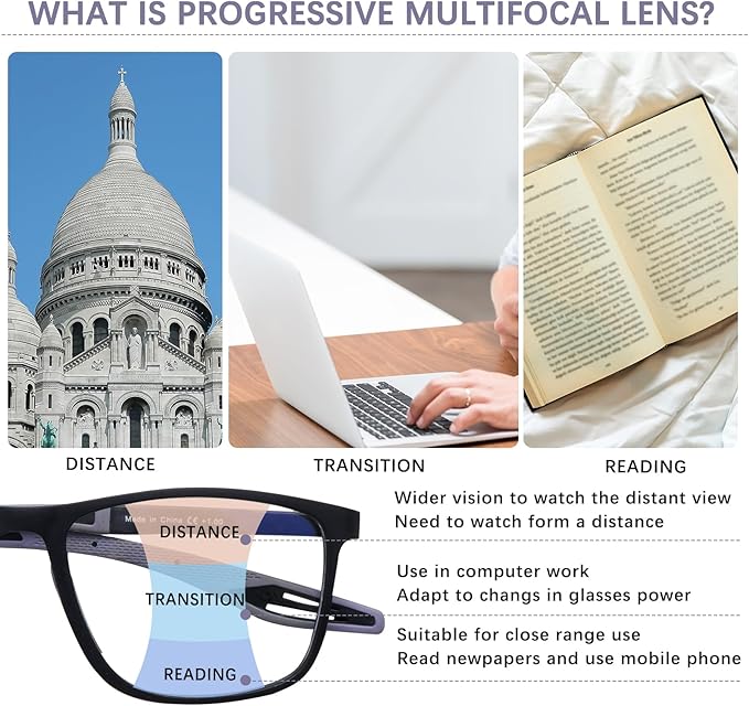 CLASAGA Progressive Multifocal Reading Glasses for Men Photochromic Gray Sunglasses Sports Style Blue Light Blocking Readers