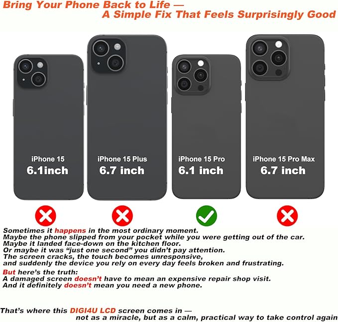 DIGI4U LCD for iPhone 15 Pro Screen Replacement, 6.1''[3D Touch][Small Notch] Screen for iPhone 15 Pro Display Digitizer Assembly, with Repair Tools for iPhone 15 Pro LCD