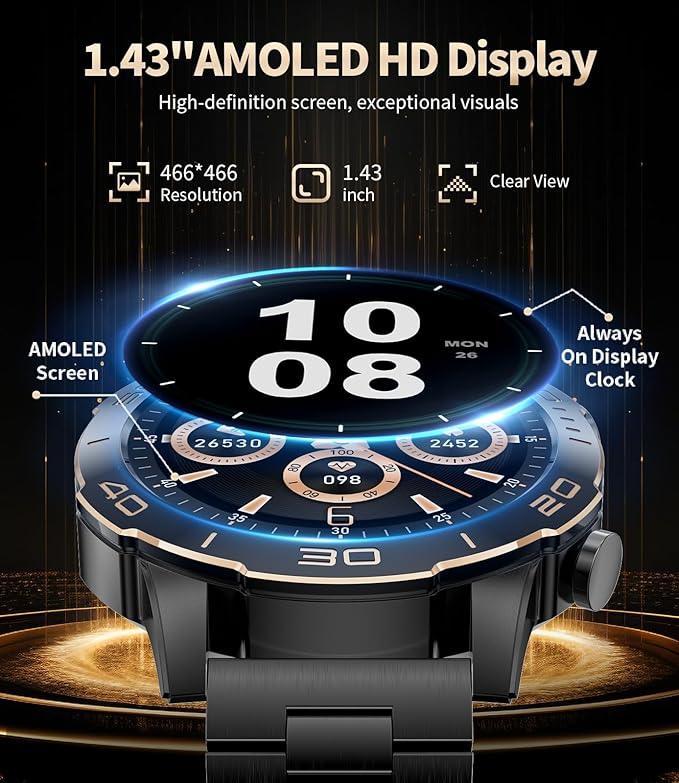 Military Smart Watch for Men(Answer/Calls),1.43''AMOLED Screen,500mAh 5ATM Waterproof,170 Sports Modes, Fitness Tracker Watch with Heart Rate/SpO2/Blood Pressure for Android/iOS,Smartwatch Black