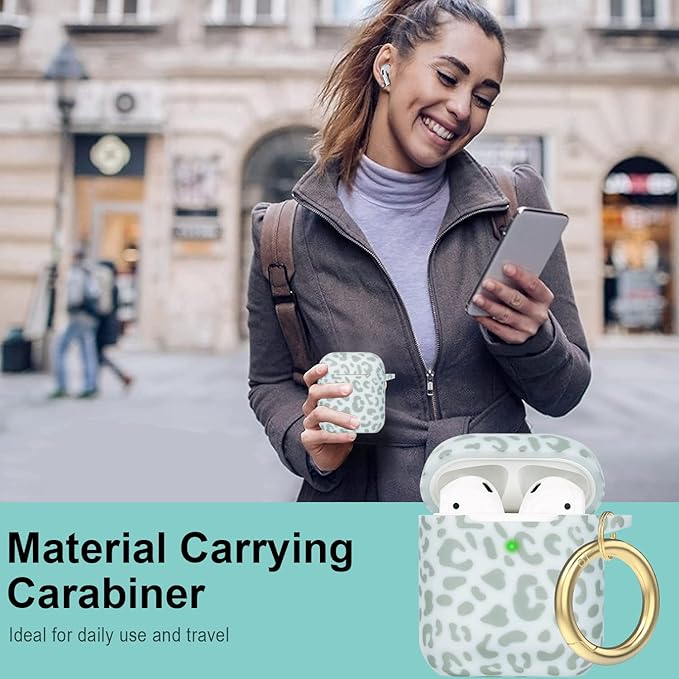 Leopard Silicone Compatible with Airpods Case, Gawnock Soft Cover Flexible Compatible with Airpods 2nd/1st Generation Floral Print Cover for Women Girls with Keychain - Light Green Leopard Cheetah