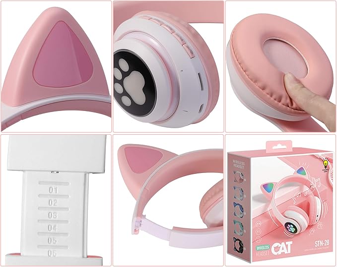 TCJJ Bluetooth 6.0 Cat Ear Kids Headphones for Girls, LED Light Up, 85dB Safe Volume Limit, Stereo Sound Toddler Foldable Wireless & 3.5mm Wired Headset with Mic for School, Tablet, Travel