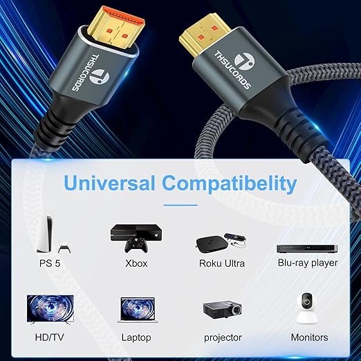 8K 4K HDMI Cable 6.6FT 3 Pack, High Speed Braided HDMI to HDMI 2.1 Cord Supports 8K@60Hz, 4K@120Hz 144Hz 48Gbps Compatible with Roku TV/PS5/HDTV/Blu-ray