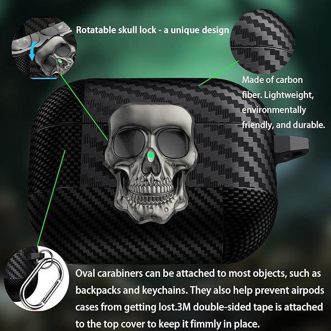 for Hard AirPods Pro 3 Case 2025|Funny 3D Skull Air Pods Pro 3 Case with Lock(Model A2700/A2931)|with Keychain|Halloween Cool Carbon Fiber Airpods 3 Pro Cases for Man Women(Sliver)