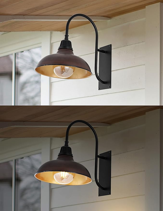 JONATHAN Y JYL7614G Stanley 12.25" 1-Light Farmhouse Industrial Indoor/Outdoor Iron LED Gooseneck Arm Outdoor Sconce Metal Bowl Shade Vintage Cottage Rustic Porch Patio Yard Barn, Wood Finish/Copper