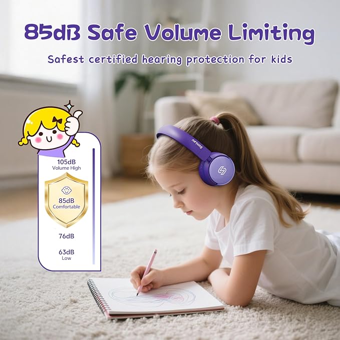 S62 Kids Bluetooth Headphones, Wireless Headphones for Kids Over Ear with Microphone, 85/94dB Volume Limiter Headset for Girls Boys, Foldable Headset for Learning & Entertainment-Purple