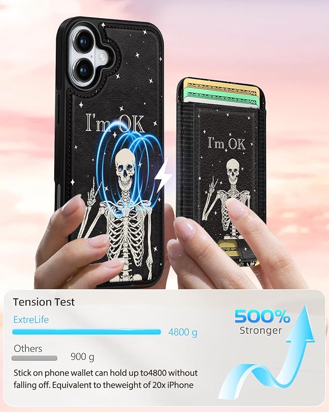 Shorogyt for iPhone 16 Wallet Case - Fits 5 Cards, Compatible with Magsafe Detachable Magnetic Credit Card Holder Leather Cardholder Cute Phone Cover Women Girls for Apple 16, OK Skeleton