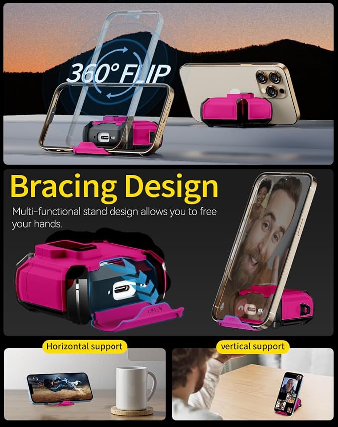 Compatible with AirPods 4 Case,Magnetic Automatic Lock with Phone Stand & Cleaning Kit,Compatible with Magsafe Cover -Rose red