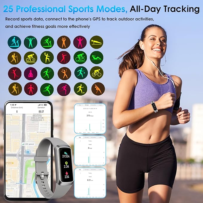 Fitness Tracker, 24/7 Heart Rate Blood Oxygen Blood Pressure Body Temp Monitor Sleep Calorie Tracker with 1.1" AMOLED Touch Color Screen Pedometer Smart Watch Waterproof for Women Men (Silver Gray)