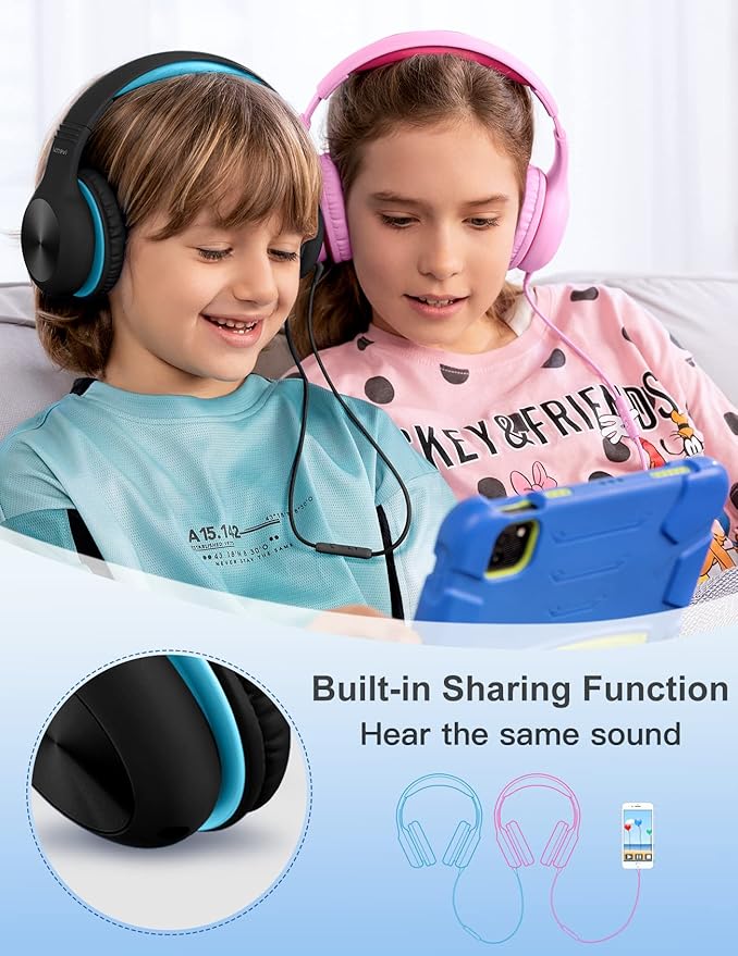 BH100 Headphones for Kids, Over Ear, Wired, Hearing Protection, 85/94 dB Adjustable Volume Limit, Sharing Function, Microphone, Lightweight, Comfortable, [Sky Blue]