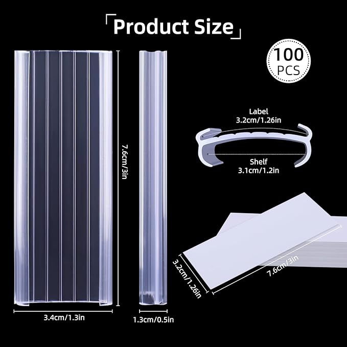 100Pcs Wire Shelf Label Holders with Label Paper Inserts, Label Holder Plastic Shelf Tags Compatible with Metro 1-1/4 inch Shelves, Removable Wire Rack Label Holder Display Clip