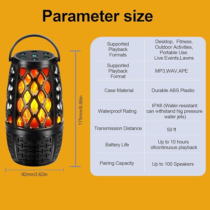 Upgraded Bluetooth Speaker, BT 5.3 Outdoor Speaker With RGB Flame LED lights Gift for Men, Multi-Sync up to 100 Speakers, Auto-Pairing HD Stereo Sound Gadgets, Waterproof IPX6 for Patio Porch(2 Pack)