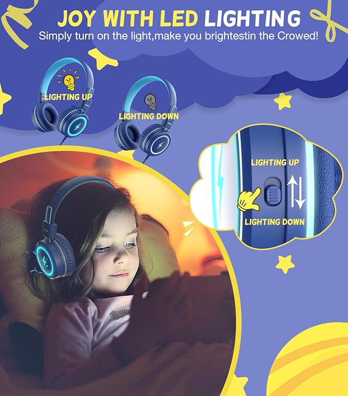 Kid Headphones for School, USB Type C Kids Headphone with LED Lights, Wired Boys Girls Headphones with Safe Limiter 85dB/94dB, Foldable On Ear Headphones with Microphones for Girls, Boys, iPad-Blue