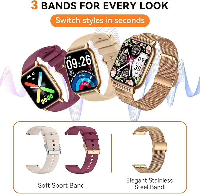 Smart Watch for Women(3 Bands), Smartwatch Fitness Tracker with Bluetooth Calls & AI Voice Control, 1.85’’ HD Screen, Heart Rate/SpO2 Monitor, Sleep Tracker, Compatible with Android iOS (Gold)