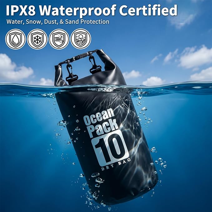 kullder Waterproof Dry Bag 10L, Roll Top Closure Black Water Proof Backpack, Heavy Duty Hunting Backpack, Durable Floating Dry Bag for Kayaking Boating Hiking with 7" Black IPX8 Waterproof Phone Case