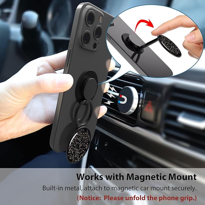 Phone Grip Holder, Phone Ring Holder Finger Kickstand, Adjustable Metal Cell Phone Rings Gripper Stand Work with Magnetic Car Mount for iPhone Samsung &Other Phones - Sky Black