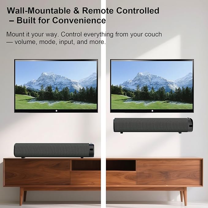 Sound Bar – 50W, Sound Bar for Smart TV, Sound Bar with Bluetooth 5.0, Optical/AUX Connectivity, Remote Control, Wall-Mountable Home Theater Audio, Compatible with TV, PC, and Phone
