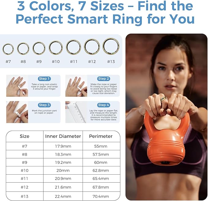 Smart Ring with Instant Notification Alerts & Gesture Control - Sleep Tracker Ring, Fitness Ring for Steps & Heart Rate, IP68 Waterproof (Gold, 8)