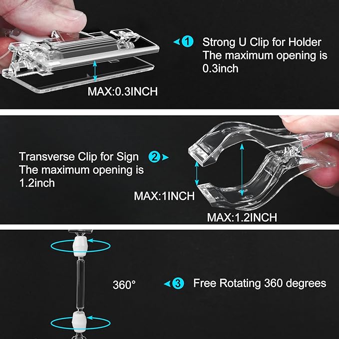 Clear Sign Clips on Merchandise Display 12 Pack Plastic Label Pop Clips on Sign Holder Shelf Double Sided Swivel Price Tag Clips on Clothing Rack Signs Rotatable Menu Clips for Sale Retail Display