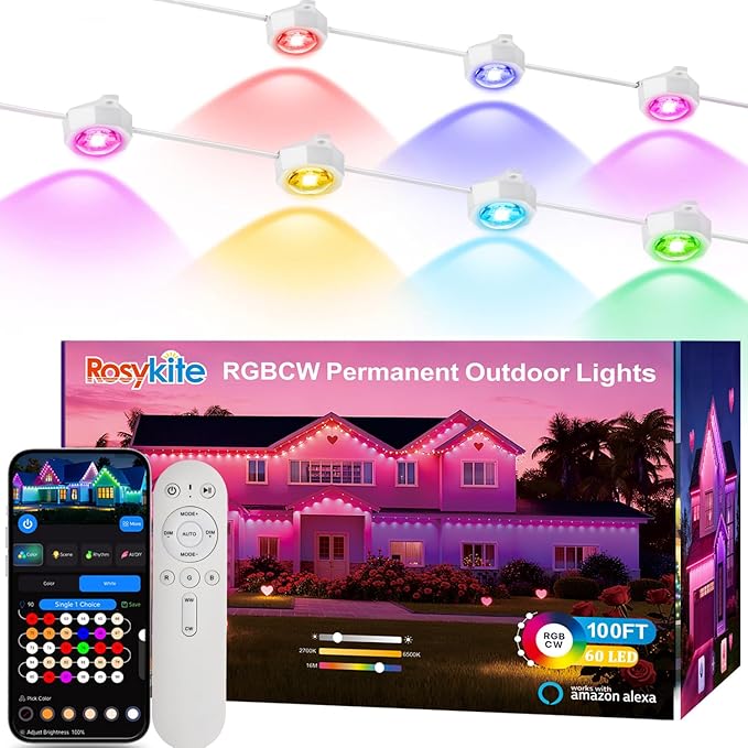 Permanent Outdoor Christmas Lights for House,100ft Smart RGB+IC Color Eave Lights,Tunable Warm to Cool White 60lm for Daily Lighting,IP67 Waterproof, Alexa Google APP Remote Control