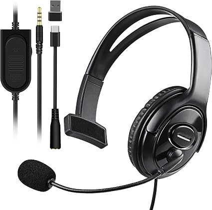 Joso Wired One Ear Headset with Mic, Gaming Headset for PS5/PS4/Xbox/Switch/PC/iPad/Mac/Tablet with USB C & USB-A Adapter - Chat Headphone, Business, Coach, Gaming, Working, Graphite | One Ear