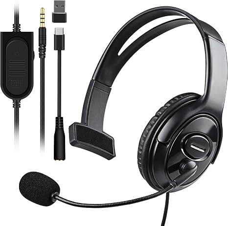 Joso Wired One Ear Headset with Mic, Gaming Headset for PS5/PS4/Xbox/Switch/PC/iPad/Mac/Tablet with USB C & USB-A Adapter - Chat Headphone, Business, Coach, Gaming, Working, Graphite | One Ear