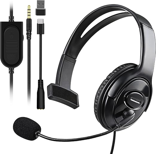 Joso Wired One Ear Headset with Mic, Gaming Headset for PS5/PS4/Xbox/Switch/PC/iPad/Mac/Tablet with USB C & USB-A Adapter - Chat Headphone, Business, Coach, Gaming, Working, Graphite | One Ear