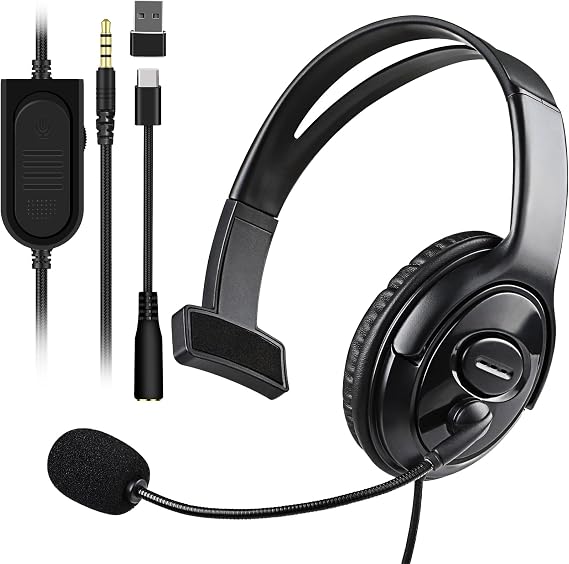 Joso Wired One Ear Headset with Mic, Gaming Headset for PS5/PS4/Xbox/Switch/PC/iPad/Mac/Tablet with USB C & USB-A Adapter - Chat Headphone, Business, Coach, Gaming, Working, Graphite | One Ear