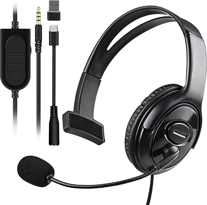 Joso Wired One Ear Headset with Mic, Gaming Headset for PS5/PS4/Xbox/Switch/PC/iPad/Mac/Tablet with USB C & USB-A Adapter - Chat Headphone, Business, Coach, Gaming, Working, Graphite | One Ear