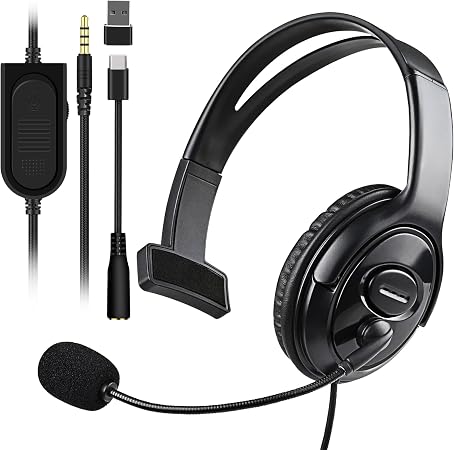 Joso Wired One Ear Headset with Mic, Gaming Headset for PS5/PS4/Xbox/Switch/PC/iPad/Mac/Tablet with USB C & USB-A Adapter - Chat Headphone, Business, Coach, Gaming, Working, Graphite | One Ear