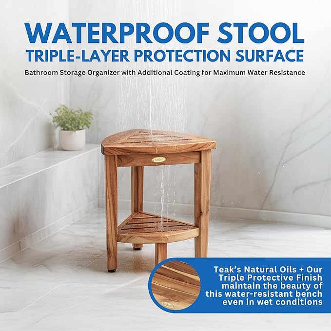 EcoDecors Snazzy Corner Waterproof Teak Wood Shower Bench Stool Seat Chair For Inside Shower Provides Safety, Storage, and Organization For Bathroom Accessories