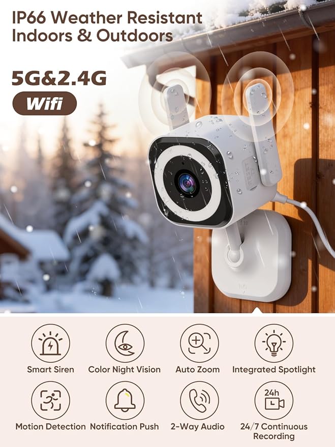 Dual-Antenna Stable 5G WiFi Security Camera, 4X Zoom 2K Outdoor Indoor Camera for Baby/Pet, Home Security WiFi Camera with Color Night Vision, Two-Way Talk, IP66, SD/Cloud Storage (2-Pack)