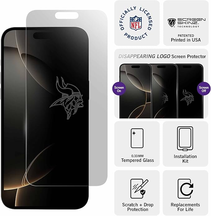 NFL Minnesota Vikings Clear Screen Protectors for iPhone 15 Pro Max/15 Plus/16 Plus - with Disappearing Logo - Scratch-Resistant and Easy-to-Install Screen Protectors (Includes Installation Tray)