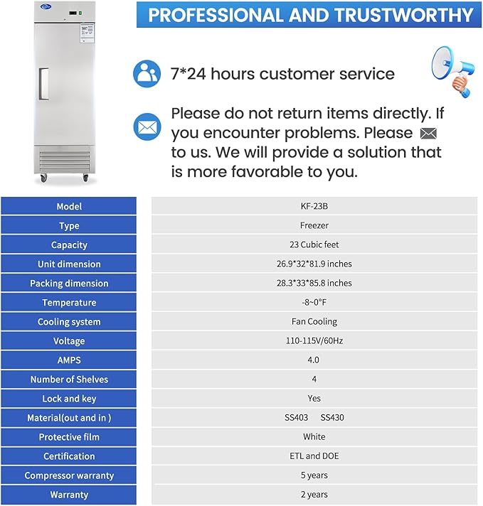 27" Reach-in Commercial Freezer with 2 Solid Door & 4 Shelves, 23 Cu.ft Stainless Steel Freezer Fan Cooling Freezer for Restaurant, Bar, Home, Shop, and Business