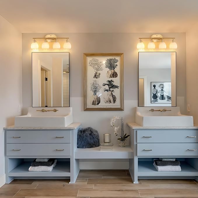 Bathroom Light Fixtures, 4-Light Brass Vanity Wall Light Over Mirror with White Tulip Glass Shade for Bedroom Living Room (Bulb Not Included)
