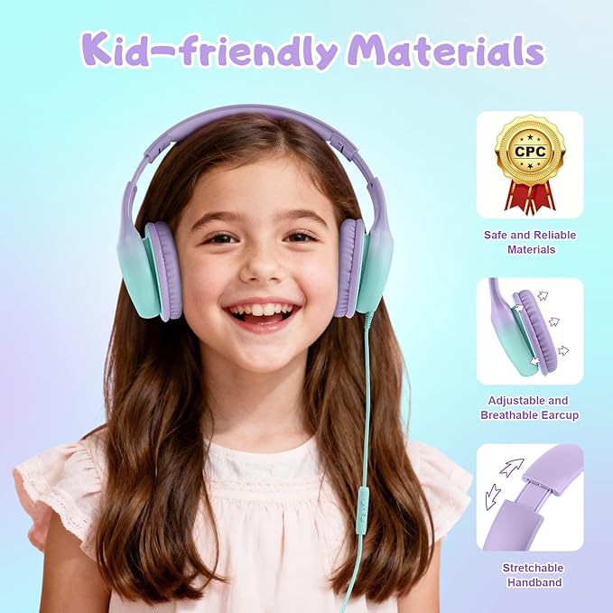 Kids Headphones, Wired Headphones for Kids with Microphone 85/94dB Volume Limit, Stereo Sound Portable Over Ear Headphones for School/Travel/Tablet/iPad, Green Violet