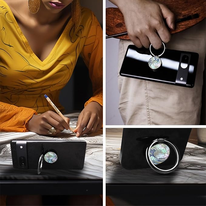 Carveit Natural Shells Cell Phone Ring Holder Metal Phone Kickstand Grip for iPhone 16 Pro Max/15/14 & Galaxy S23/S24/S25 Ultra & Pixel 8/9 -Black-Wave Reimagined