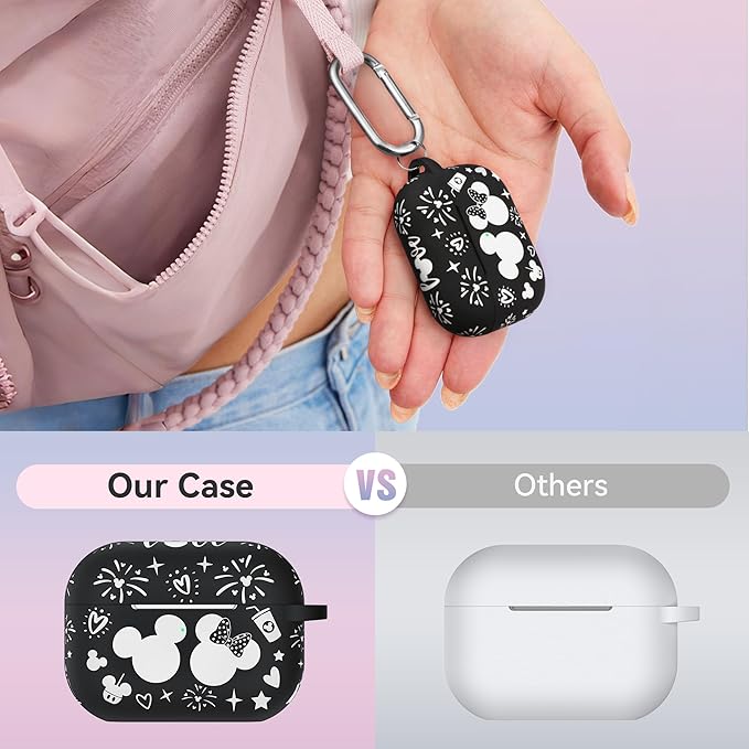 Compatible with Airpods Pro 2nd/1st Generation Case Cover with Keychain, Women Men Soft Silicone Two-Tone Cute Cartoon Engraved Convenience Protective Case, Front LED Visible Black/White