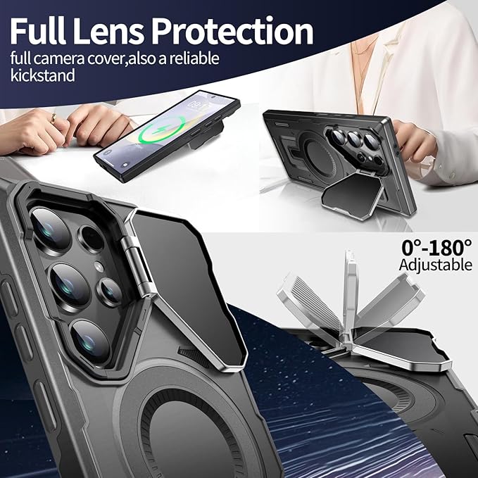 Camera Stand Case for Galaxy S24 Ultra, [Compatible with MagSafe][Lens Cover] 2024 Version Military Grade Protective Soft Case for Samsung Galaxy S24 Ultra 6.8" Men Women, Black