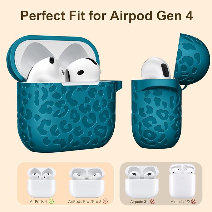 Leopard Engraved for AirPods 4 Case Cover 2024,Soft Silicone Protective Case Compatible with Apple AirPods 4th Generation Case for Women,Cute AirPod 4 Case Accessories with Keychain (Blue)