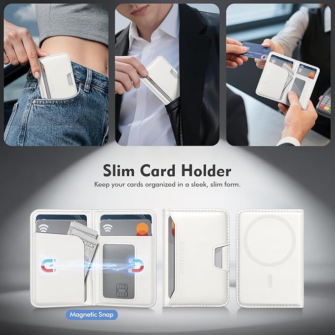 Antsturdy for Magsafe Wallet Stand with Holder,PU Leather RFID Blocking Card Holder,5 Card Slots,Strong Magnet Minimalist Flip Folio Kickstand for iPhone 17/16/15/14/13/12/Pro/Max/Plus/Air,White