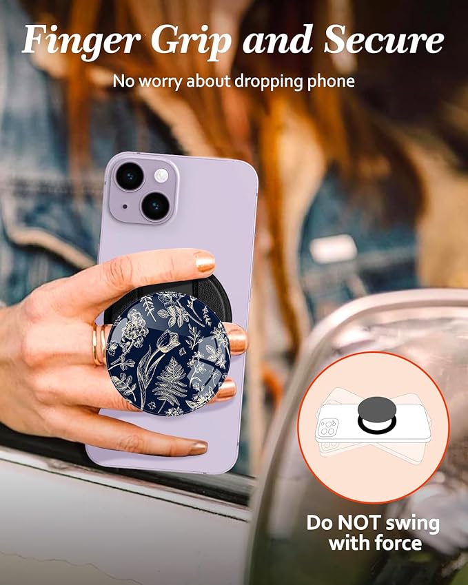 Kidcube Magnetic Phone Grip Compatible with Magsafe - Cell Phone Grip Stand Ring Holder Magnet Kickstand Removable Accessories for iPhone 16 Pro Max/16/15/14/13/12 Series Women Cute Blue Floral