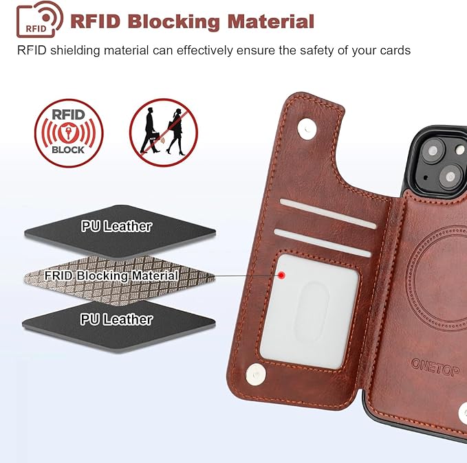 ONETOP Compatible with Magsafe for iPhone 13 Wallet Case with Card Holder, PU Leather Kickstand RFID Blocking Case, Double Magnetic Clasp and Durable Shockproof Cover 6.1 Inch (Brown)