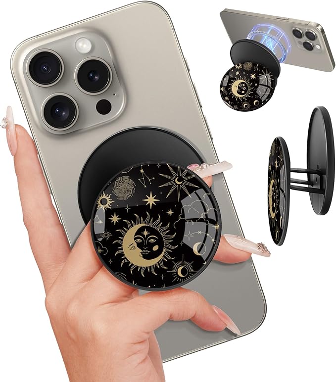 Kidcube Magnetic Phone Grip Compatible with Magsafe - Cell Phone Grip Stand Magnetic Ring Holder Finger Kickstand for iPhone 16 15 14 13 12 Series Magnet Removable Accessories Cute Black Sun Moon