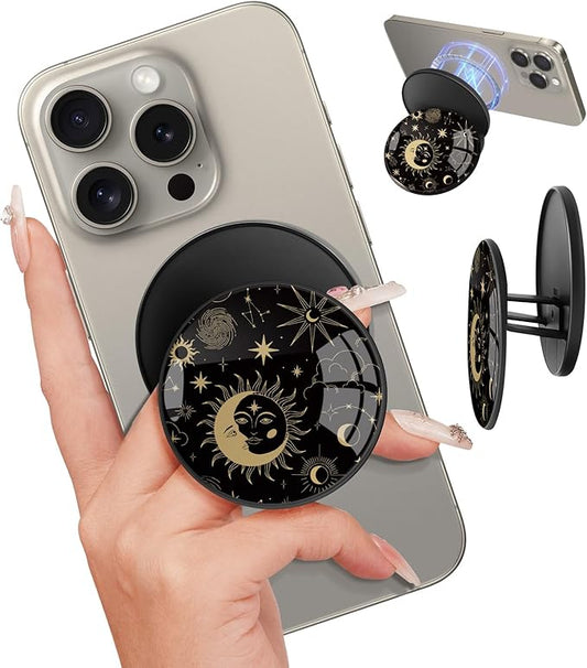 Kidcube Magnetic Phone Grip Compatible with Magsafe - Cell Phone Grip Stand Magnetic Ring Holder Finger Kickstand for iPhone 16 15 14 13 12 Series Magnet Removable Accessories Cute Black Sun Moon