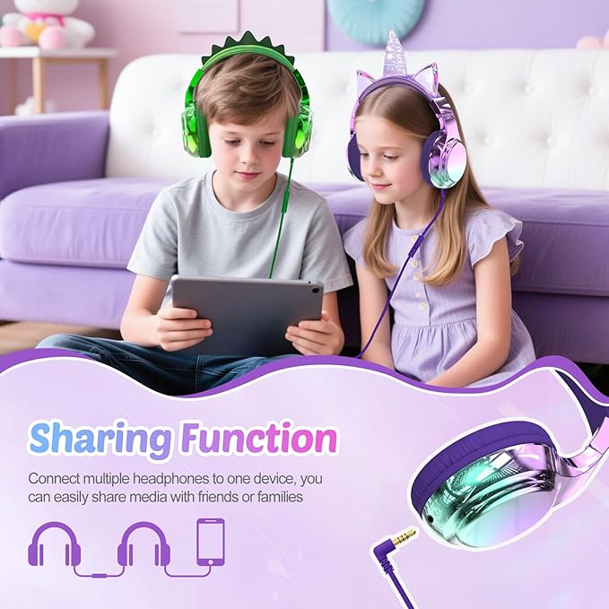 QearFun Kids Unicorn Headphones with USB C for Girls with Microphone, 85/94dB Safe Volume Limiter, Tangle-Free Cord, Share Port, Foldable Sparkly Wired Headset for School, Travel, Tablet, iPad