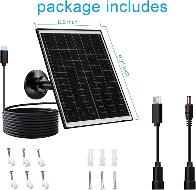 Zivif 10W USB-C Solar Charger with Glass Panel, USB Solar Panel for Security Cameras, with DC 5.5x2.1mm & Micro USB Port, IP66 Waterproof with Adjustable Mount & 7.2FT Cable