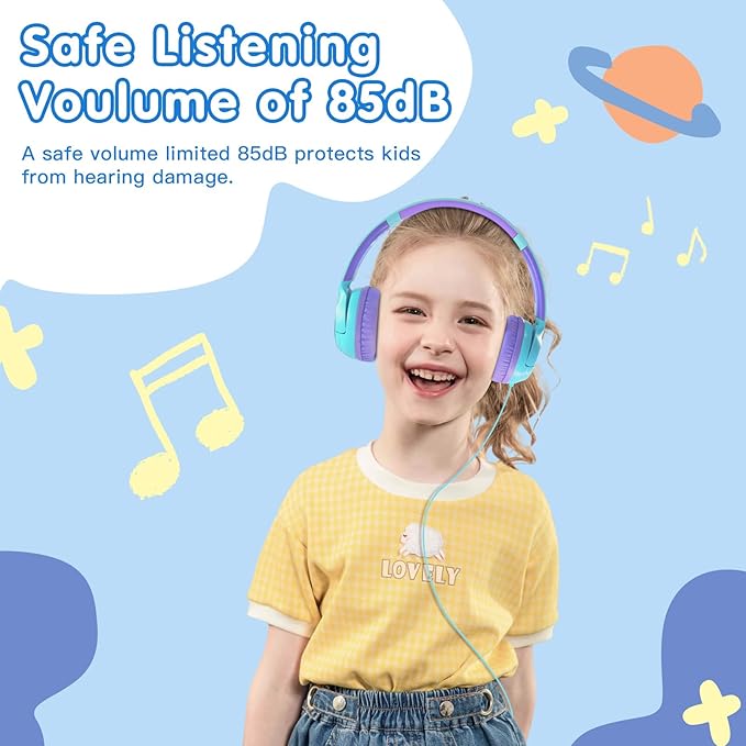 ZIHNIC Wired Kids Headphones, Safe 85dB Volume Limit for Boys & Girls, Comfortable Earpads, Foldable Design for School, Tablets, and Travel-CAYN