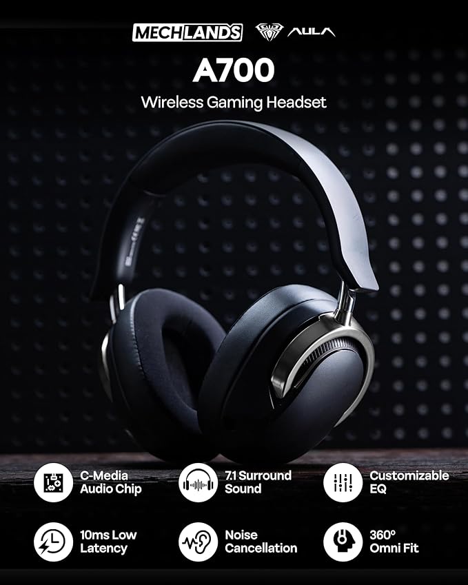MechLands AULA A700 Wireless Gaming Headset with 7.1 Surround Sound, 50mm Driver, 2.4GHz/BT/Wired, Gaming Headphone with Noise Canceling Mic, RGB Light, 40H Battery, for PS4/PS5/PC/Switch (Black Grey)