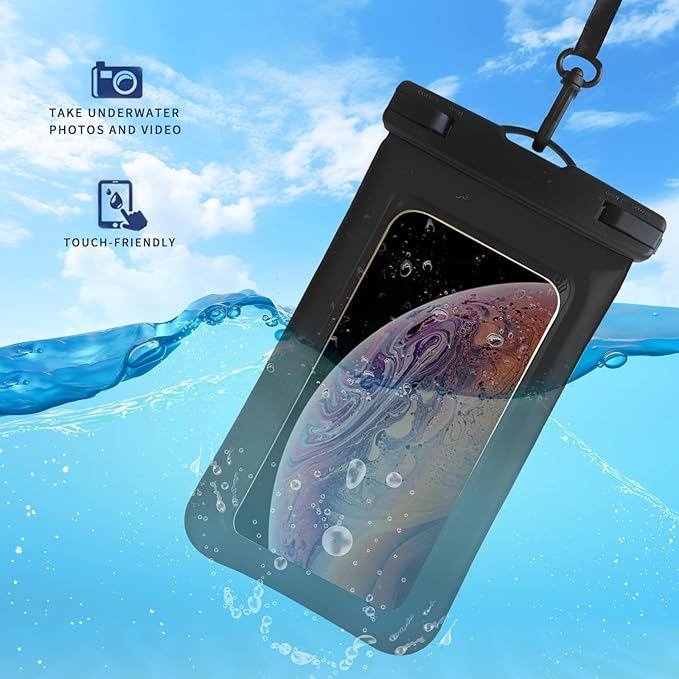 Floatable Waterproof Phone Pouch/Case with Crossbody Lanyard for iPhone 17 Series 16 Pro Max/15 Pro/14/13/12, IP68 Cellphone Dry Bag Beach Cruise Ship Essentials, 1 Pack-Black-7″