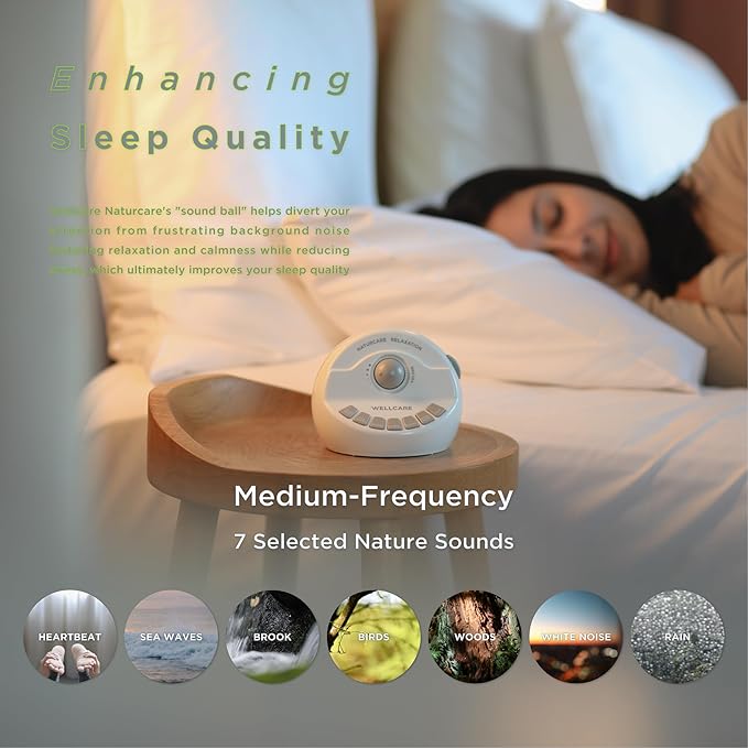 WELLCARE-Naturcare Sound Relaxation, White Noise, 7 Nature Sounds, Sleep Sound Machine, Calm Infants, for Baby, Kids, Adult. Stepless Volume, Timer, Powered by Adapter or Batteries(Both Not Incl.)